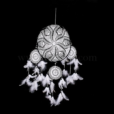 Handmade Round Cotton Woven Net/Web with Feather Wall Hanging Decoration(HJEW-G015-06B)-2
