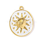 304 Stainless Steel Enamel Pendants, Oval with Sun Charms, Ion Plating(IP), Real 18K Gold Plated, White, 28x22mm(STAS-OY002-32G)