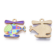 Printed Alloy Pendants, Cadmium Free & Nickel Free & Lead Free, Light Gold, Helicopter Charm, Light Green, 17.5x18.5x2mm, Hole: 1.8mm(PALLOY-T083-07-09)
