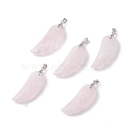 Natural Rose Quartz Pendants, with Platinum Plated Brass Loops, Wing, 36x15~16.6x6.5~7.7mm, Hole: 5x4mm(G-I314-01P-03)