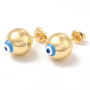 Enamel Evil Eye Stud Earrings, Real 18K Gold Plated Brass Ball Post Earrings for Women, Deep Sky Blue, 12mm, Pin: 0.7mm(EJEW-E274-01G-04)