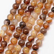 Natural Striped Agate/Banded Agate Bead Strands, Round, Grade A, Dyed & Heated, Camel, 6mm, Hole: 1mm, about 61pcs/strand, 15 inch(G-K166-13-6mm-02)