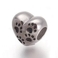Retro 316 Surgical Stainless Steel European Style Beads, Large Hole Beads, Heart with Dog Paw Prints, Antique Silver, 10.5x11.5x8mm, Hole: 4.5mm(OPDL-L013-07AS)