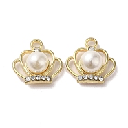 Alloy with Rhinestone Pendants, with ABS Imitation Pearl, Crown Charms, Golden, 17x17x9mm, Hole: 2.2mm(FIND-B032-02G)