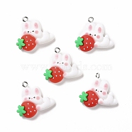 Resin Pendants, with Platinum Iron Findings, Cute, Rabbit with Strawberry, White, 22x24.5x7.5mm, Hole: 2mm(RESI-M026-10)