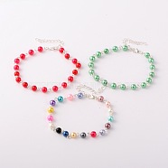 Trendy Glass Pearl Anklets, with Zinc Alloy Lobster Claw Clasps and Iron End Chains, Mixed Color, 230mm(AJEW-AN00035)
