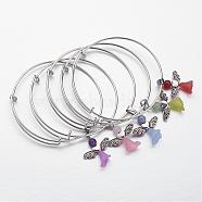 Adjustable Iron Bangles, with Gemstone Beads and Transparent Acrylic Beads, Frosted, Lovely Wedding Dress Angel Dangle, Mixed Color, 2-1/2 inch(65mm)(BJEW-JB02561)