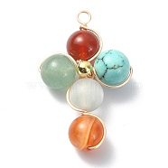 Mixed Gemstone Round Copper Wire Wrapped Pendants, Cross Charms, with Golden Plated Brass Beads, 35x25x9.5mm, Hole: 2.5mm(X-PALLOY-TA00042)