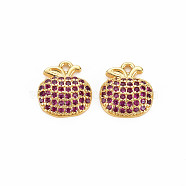 Rack Plating Brass Micro Pave Medium Violet Red Cubic Zirconia Charms, Nickel Free, Apple, Real 18K Gold Plated, 11x10x3mm, Hole: 1.2mm(KK-S360-156)