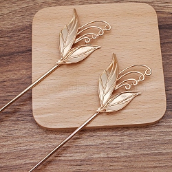 Iron Hair Stick Finding, with Alloy Leaf, Light Gold, Pin: 120x2.5mm(OHAR-PW0001-303A-KCG)