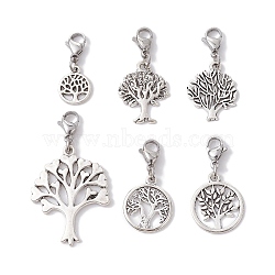 6Pcs Tree of Life Alloy Pendants Decorations, with Lobster Claw Clasps, Antique Silver & Platinum, 25~45mm(HJEW-JM01406)
