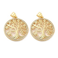 Brass Micro Pave Cubic Zirconia Pendants, Lead Free & Cadmium Free, Flat Round with Tree of Life Charms, Real 18K Gold Plated, 24x22x3mm, Hole: 4.7x3.5mm(KK-M249-19G)