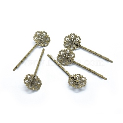 Iron Hair Bobby Pin Findings, with Brass Filigree Flower Cabochon Bezel Settings, Nickel Free, Antique Bronze, 62.5x2mm(IFIN-L032-05AB-NF)
