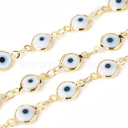 3.28 Feet Handmade Evil Eye Lampwork Link Chains, Soldered, with Brass Findings, Long-Lasting Plated, Flat Round, Golden, White, 13x7x2.5mm, Hole: 1.5mm(X-CHC-F009-01B-G02)