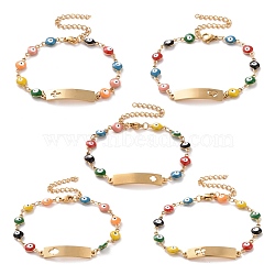 Vacuum Plating 304 Stainless Steel Rectangle Link Bracelet, Colorful Enamel Evil Eye Chains Bracelet for Women, Golden, 6-3/4 inch(17.3cm)(BJEW-B062-12G)