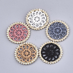 Polyester Pendant Decorations, with Rhinestone and Brass Findings, Flat Round, Light Gold, Mixed Color, 32x2mm(FIND-T044-11)