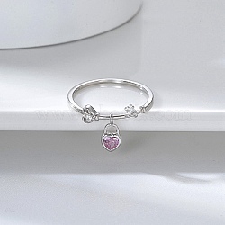 Rhodium Plated 925 Sterling Silver Finger Ring with Cubic Zirconia Heart Pad Charms, with S925 Stamp, Real Platinum Plated, US Size 8(18.1mm)(RJEW-C064-34D-P)