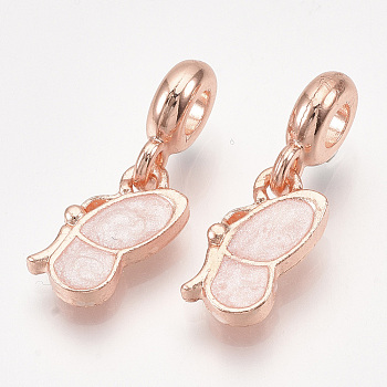 Sparkling Alloy European Dangle Charms, with Enamel, Large Hole Pendants, Butterfly, Rose Gold, Misty Rose, 25mm, Hole: 4mm