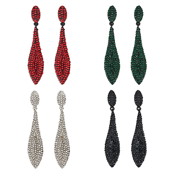 4 Pairs 4 Colors Rhinestone Teardrop Dangle Stud Earrings, Alloy Long Drop Earrings, Mixed Color, 70x14mm, 1 Pair/color