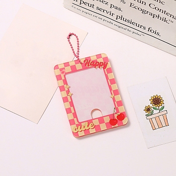 Acrylic Photocard Sleeve Keychain, with Ball Chains and Rectangle Clear Window, Rectangle, Cerise, Cherry Pattern, 105x75mm