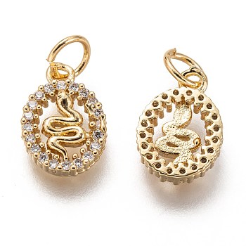 Brass Micro Pave Clear Cubic Zirconia Charms, Long-Lasting Plated, with Jump Ring, Oval with Snake, Golden, 12x8.5x2.5mm, Jump Ring: 5x1mm, 3mm Inner Diameter