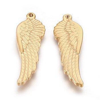 304 Stainless Steel Pendants, Ion Plating (IP), Wing, Golden, 38.5x13x3mm, Hole: 1.5mm