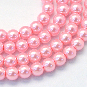 Baking Painted Pearlized Glass Pearl Round Bead Strands, Pink, 6~7mm, Hole: 1mm, about 145pcs/strand, 31.4 inch