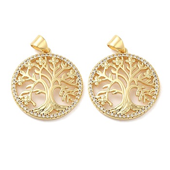 Brass Micro Pave Cubic Zirconia Pendants, Lead Free & Cadmium Free, Flat Round with Tree of Life Charms, Real 18K Gold Plated, 24x22x3mm, Hole: 4.7x3.5mm