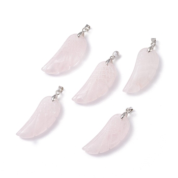 Natural Rose Quartz Pendants, with Platinum Plated Brass Loops, Wing, 36x15~16.6x6.5~7.7mm, Hole: 5x4mm