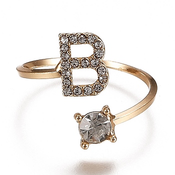 (Jewelry Parties Factory Sale)Alloy Cuff Rings, Open Rings, with Crystal Rhinestone, Golden, Letter.B, US Size 7 1/4(17.5mm)