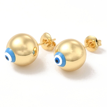 Enamel Evil Eye Stud Earrings, Real 18K Gold Plated Brass Ball Post Earrings for Women, Deep Sky Blue, 12mm, Pin: 0.7mm