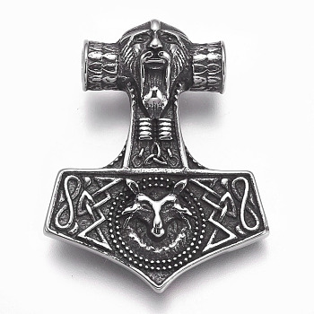 304 Stainless Steel Pendants, Thor's Hammer, Antique Silver, 39x31.5x11.5mm, Hole: 5mm