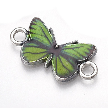 Printed Alloy Connector Charms, with Enamel, Butterfly Link, Cadmium Free & Lead Free, Platinum, Lime Green, 12x23x2mm, Hole: 2.5mm
