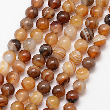 Natural Striped Agate/Banded Agate Bead Strands, Round, Grade A, Dyed & Heated, Camel, 6mm, Hole: 1mm, about 61pcs/strand, 15 inch