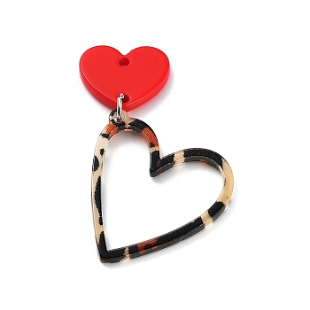 Valentine's Day Opaque Acrylic Pendants, with Iron Jump Rings, Leopard Print Heart, Red, 48x33.5x2mm, Hole: 1.8mm