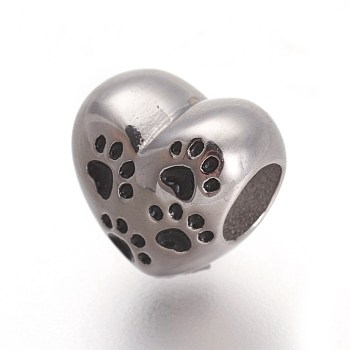 Retro 316 Surgical Stainless Steel European Style Beads, Large Hole Beads, Heart with Dog Paw Prints, Antique Silver, 10.5x11.5x8mm, Hole: 4.5mm