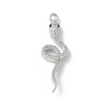 Brass Micro Pave Clear Cubic Zirconia Pendants, Snake Charms, Platinum, 27.5x8.5x3mm, Hole: 1.4mm