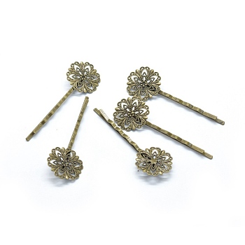 Iron Hair Bobby Pin Findings, with Brass Filigree Flower Cabochon Bezel Settings, Nickel Free, Antique Bronze, 62.5x2mm