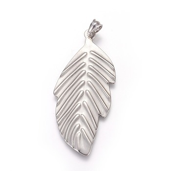 304 Stainless Steel Big Pendants, Leaf, Stainless Steel Color, 60x25.5x2mm, Hole: 5x5.5mm