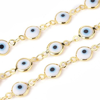 3.28 Feet Handmade Evil Eye Lampwork Link Chains, Soldered, with Brass Findings, Long-Lasting Plated, Flat Round, Golden, White, 13x7x2.5mm, Hole: 1.5mm