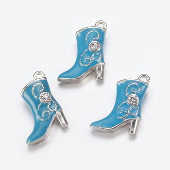 Alloy Enamel Pendants, Cadmium Free & Lead Free, with Rhinestones, Platinum Color, Boot, Deep Sky Blue, about 16mm wide, 21mm long, hole: 1mm
