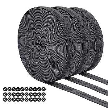 Flat Elastic Cord/Bands with Buttonhole, Webbing Garment Sewing Accessories, with Resin Buttons, Black, 15mm, 30m/set