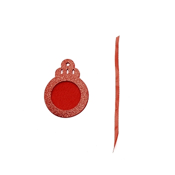 Flat Round with Crown Non Woven Fabric Glitter Photo Frame Card, with Ribbon, for Christmas Pendant Decorations, Red, 101.5x75x4.5mm, Hole: 6mm, Inner Diameter: 51mm, Ribbon: 195~204x5x0.2mm, 2pcs/set