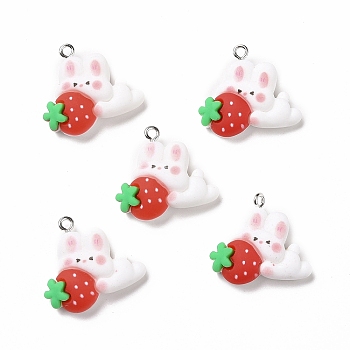 Resin Pendants, with Platinum Iron Findings, Cute, Rabbit with Strawberry, White, 22x24.5x7.5mm, Hole: 2mm