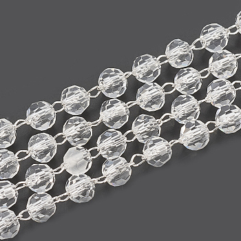 Handmade Brass Beaded Chains, Soldered, with Spool, Glass, Real Platinum Plated, Clear, 4x3.5mm, about 16.4 Feet(5m)/roll