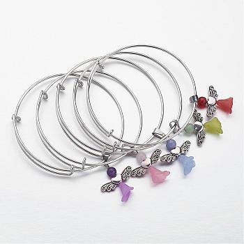 Adjustable Iron Bangles, with Gemstone Beads and Transparent Acrylic Beads, Frosted, Lovely Wedding Dress Angel Dangle, Mixed Color, 2-1/2 inch(65mm)