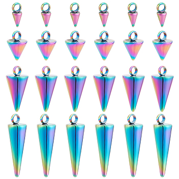 24Pcs 4 Style 304 Stainless Steel Pendants, Spike/Cone Charm, Rainbow Color, 6.5~13.5x3~7mm, Hole: 1.8~2mm, 6pcs/style