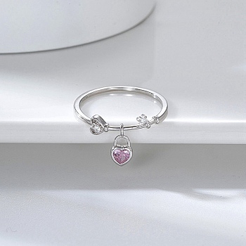 Rhodium Plated 925 Sterling Silver Finger Ring with Cubic Zirconia Heart Pad Charms, with S925 Stamp, Real Platinum Plated, US Size 8(18.1mm)