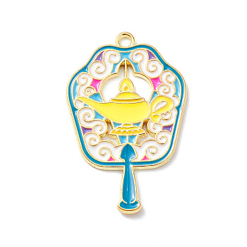 Alloy Enamel Pendants, Light Gold, Magic Fan with Magic Lamp Charm, Colorful, 37.5x24x1.5mm, Hole: 2mm