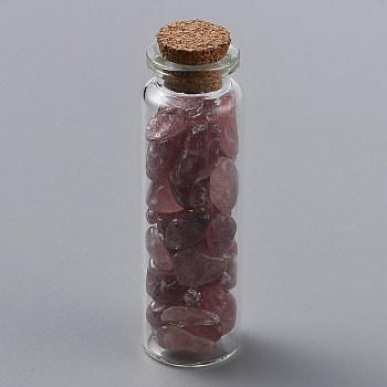 Glass Wishing Bottle Pendant Decorations, with Natural Strawberry Quartz Chips Inside and Cork Stopper, 69.5~70.5x22mm